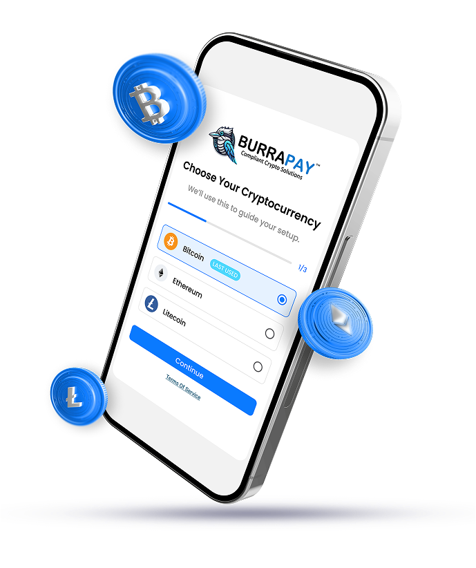 BurraPay crypto deposit app on a mobile phone, with Bitcoin, Ethereum and Litecoin coins